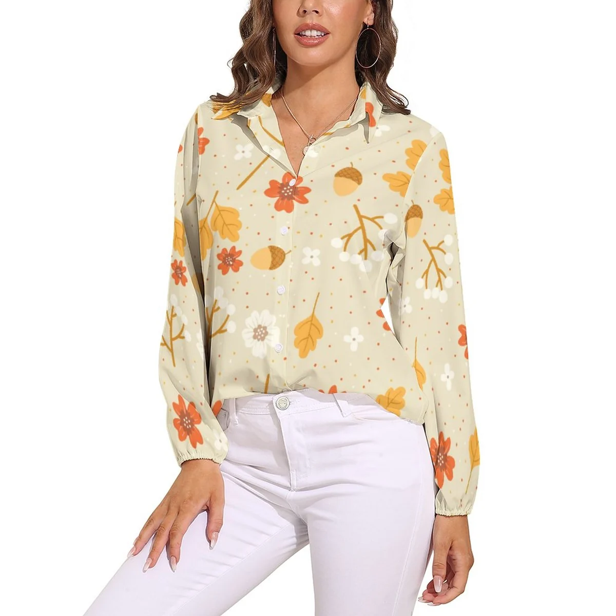 Women's Relaxed Long Sleeve Button-Down Shirt - Autumn Leaf and Acorn Graphic