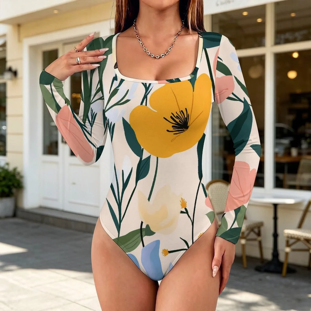 Women's Square-Neck Long Sleeve Bodysuit - Modern Poppy Print - view 4