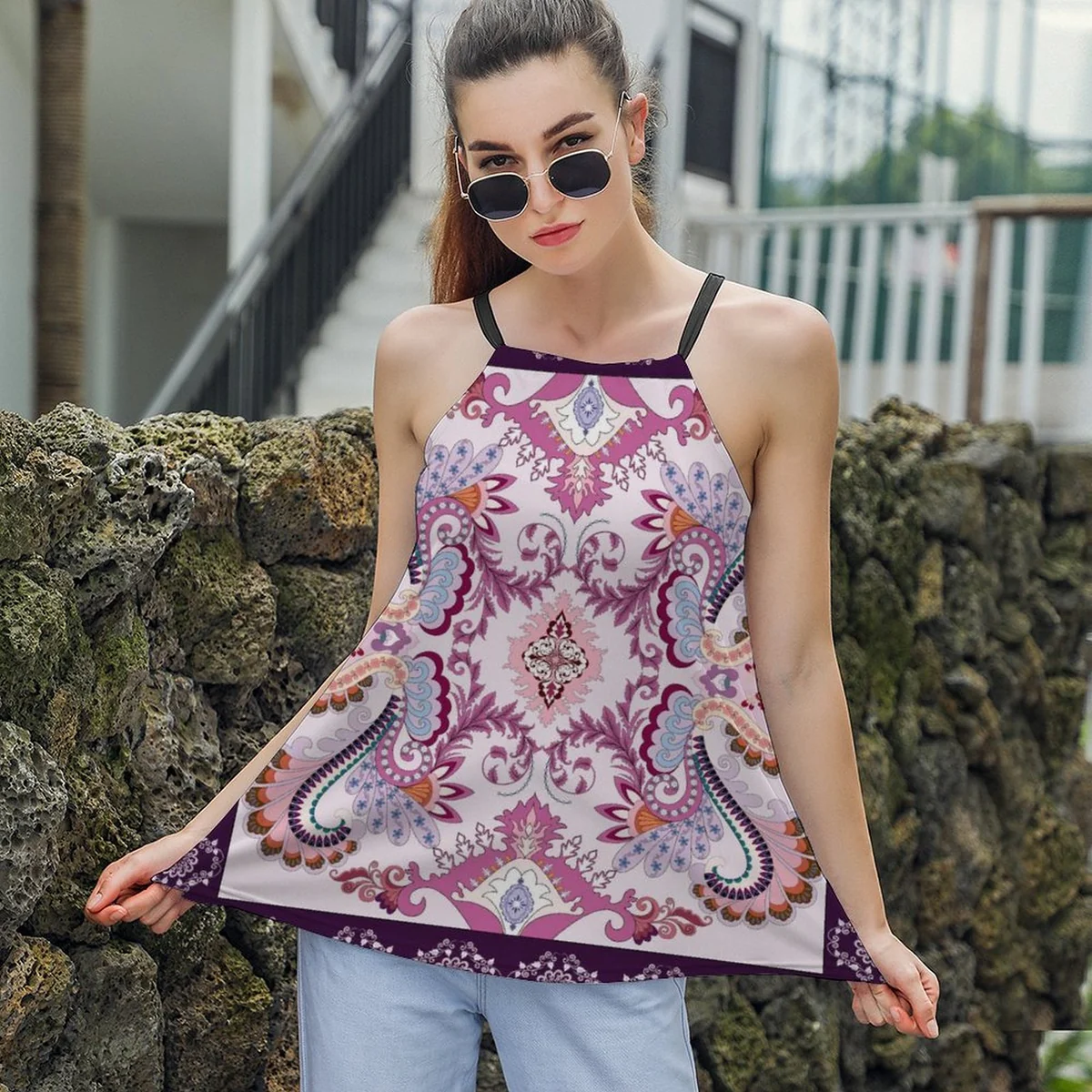 Women's Halter Tie-Back Swing Tank Top - Ornamental Paisley Print - view 3