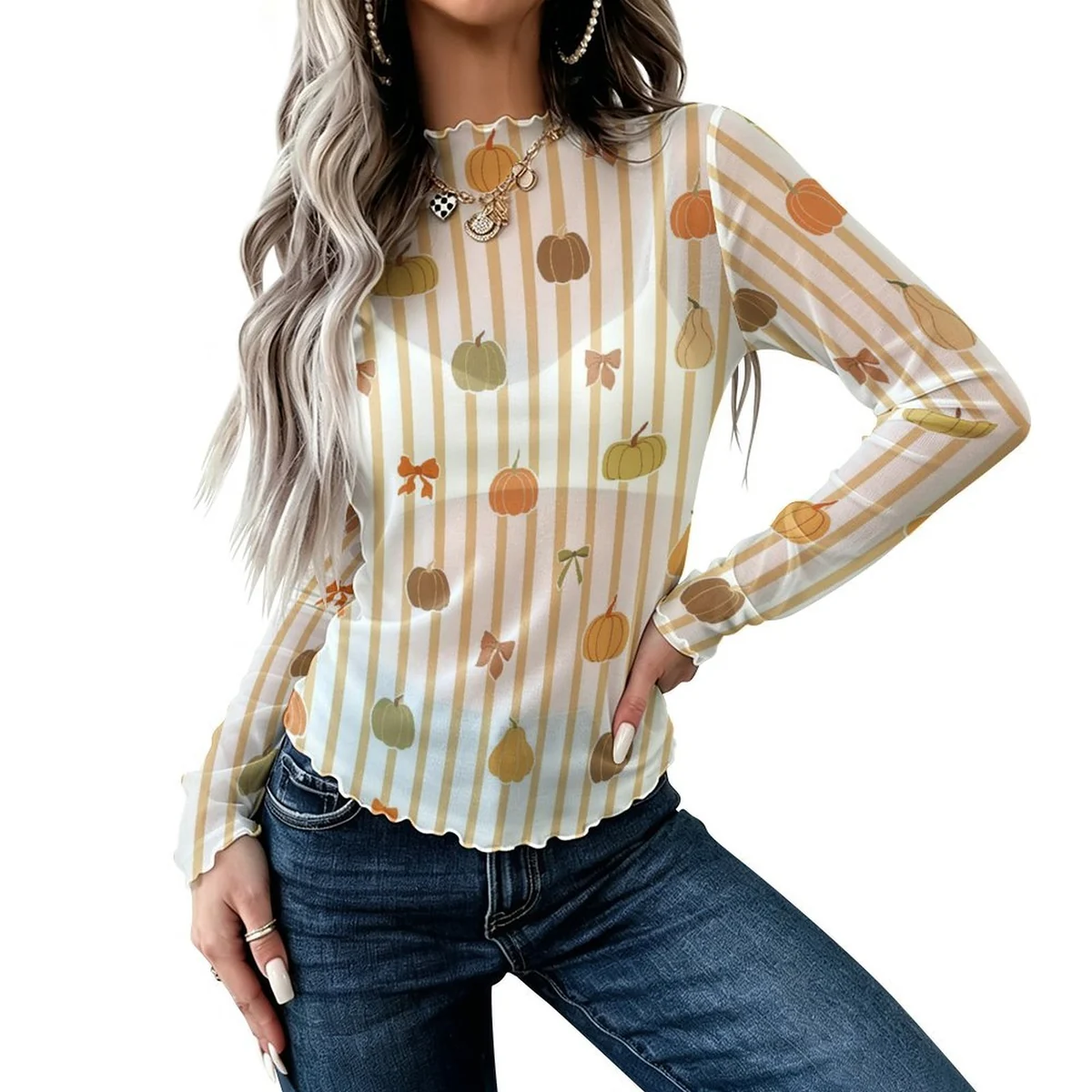 Women's High Neck Long Sleeve Mesh Top - Pumpkin Stripe Print