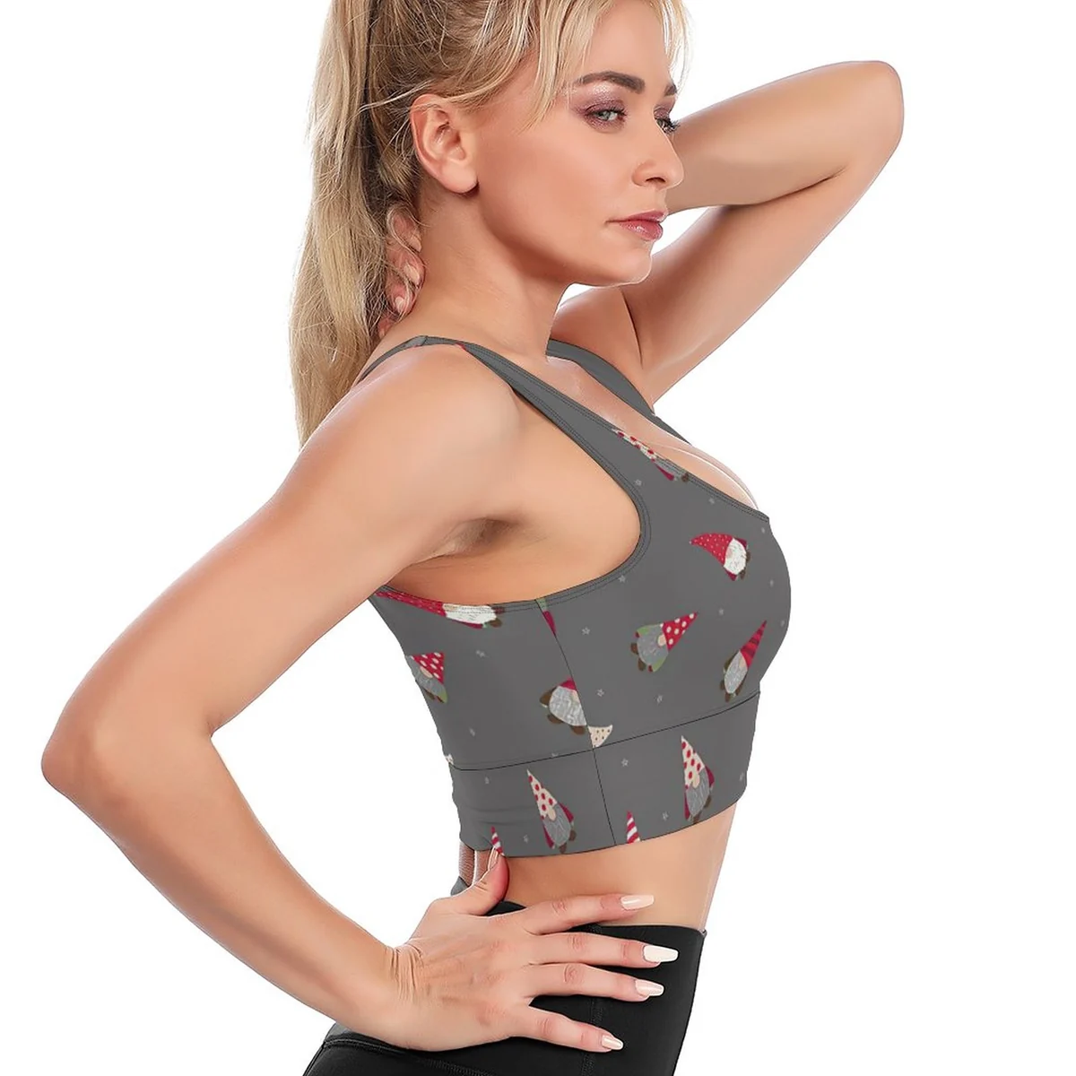 Women's Scoop-Neck Longline Yoga Crop Top - Christmas Gnome Print - view 2