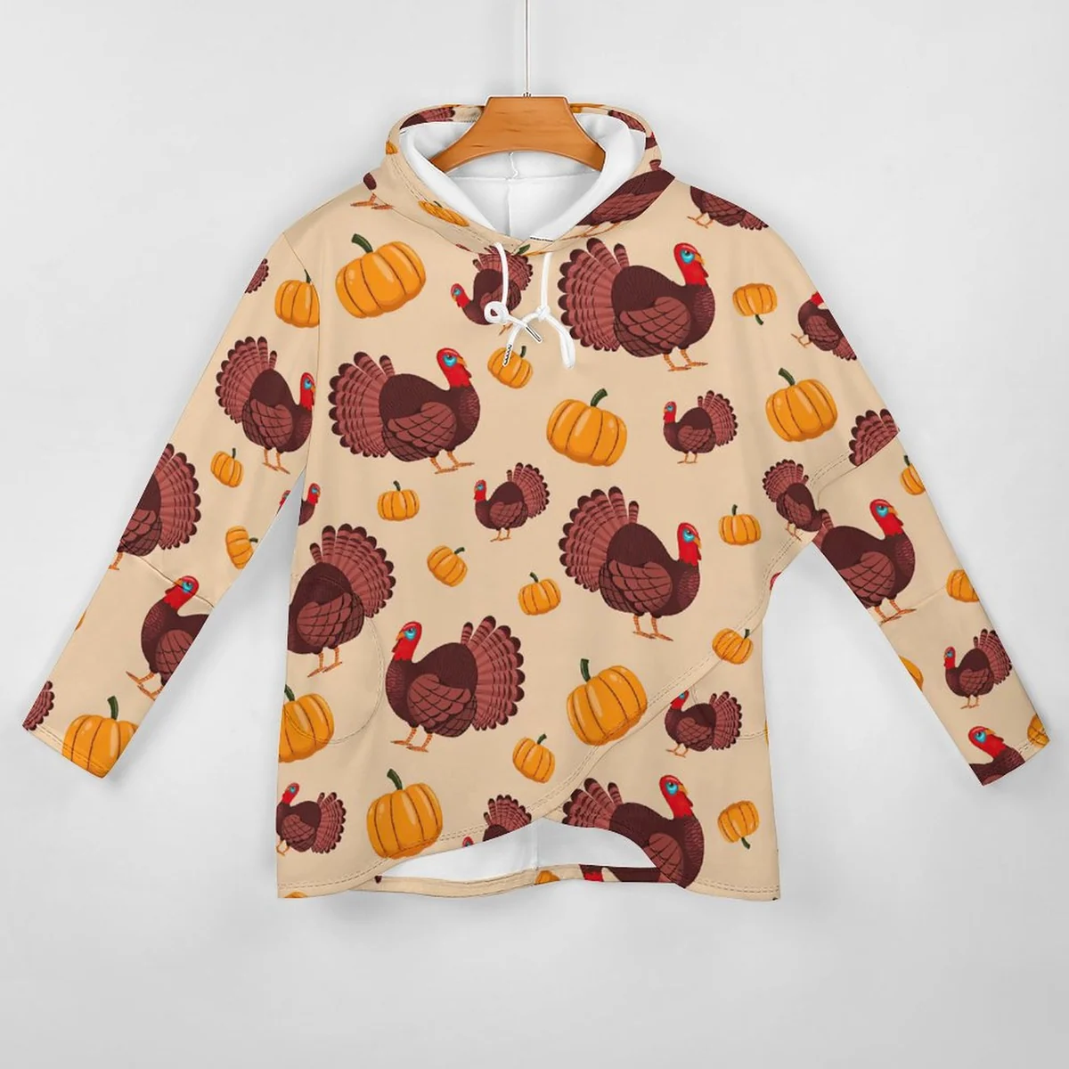 Women's Longline Asymmetric Hem Hoodie - Turkey and Pumpkin Print - view 3