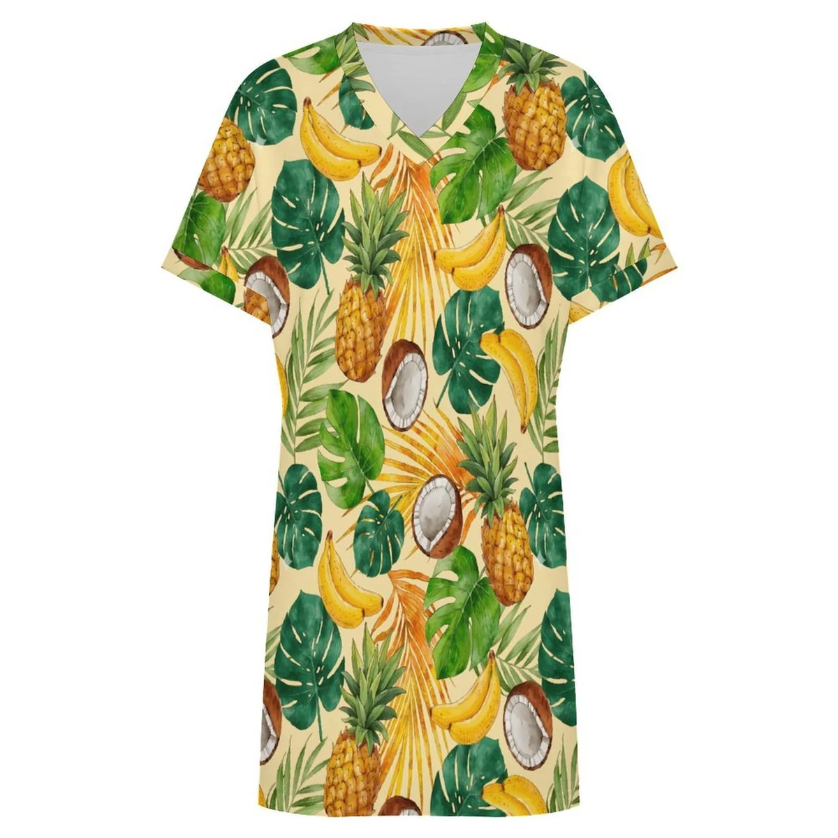 Women's V-Neck Rolled Cuff T-Shirt Dress - Pineapple Banana Coconut Print - view 4