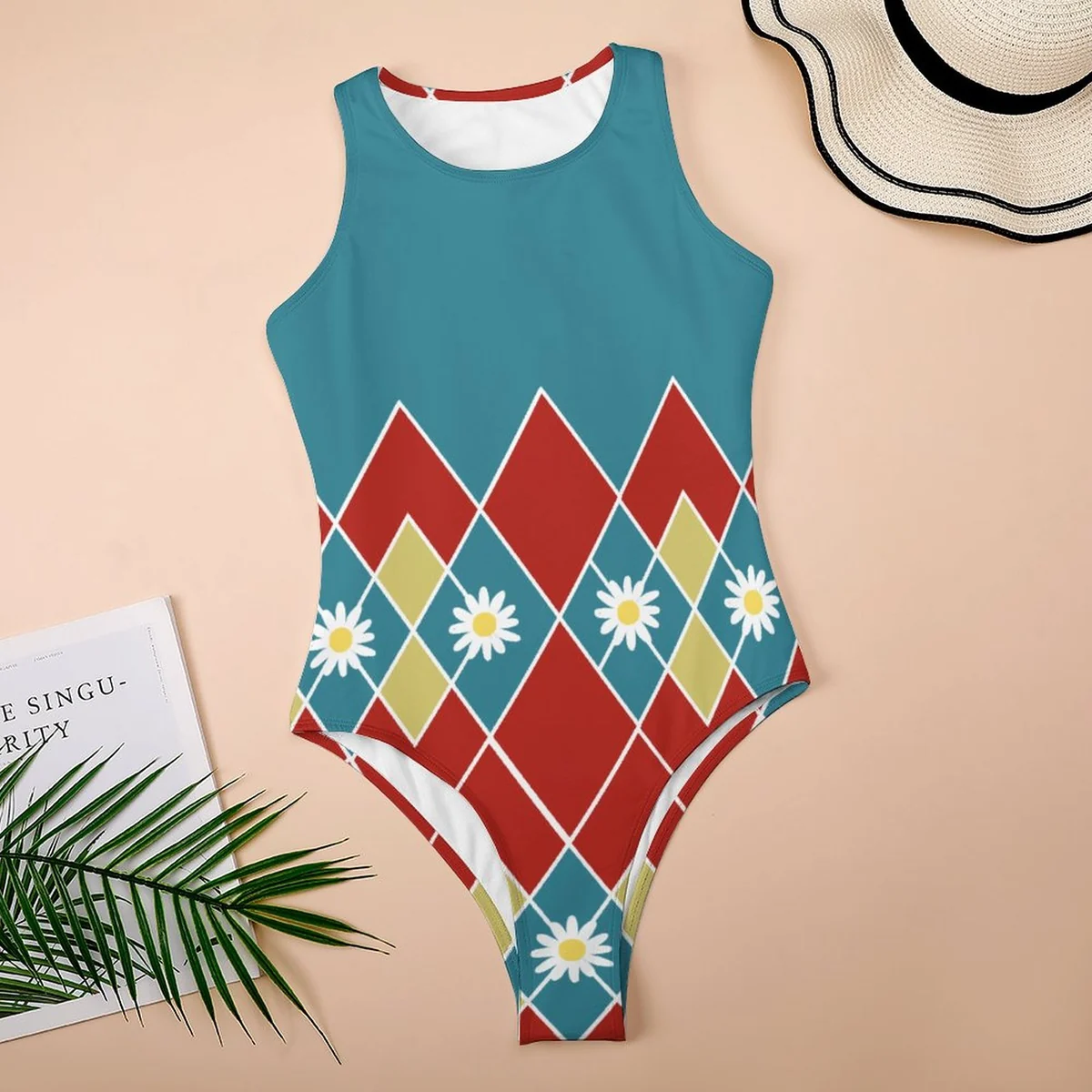 Women's Racer Tank Bodysuit - Harlequin Daisy Print - view 3