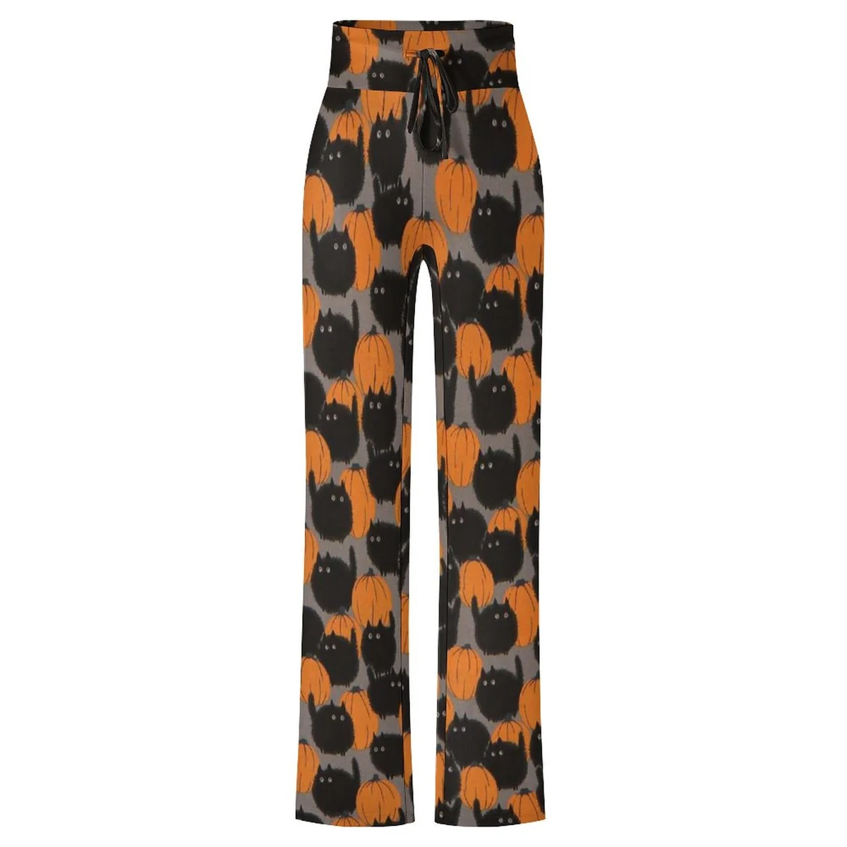 Women's Drawstring Straight Wide Leg Pants - Black Cat Crowd Print - view 7