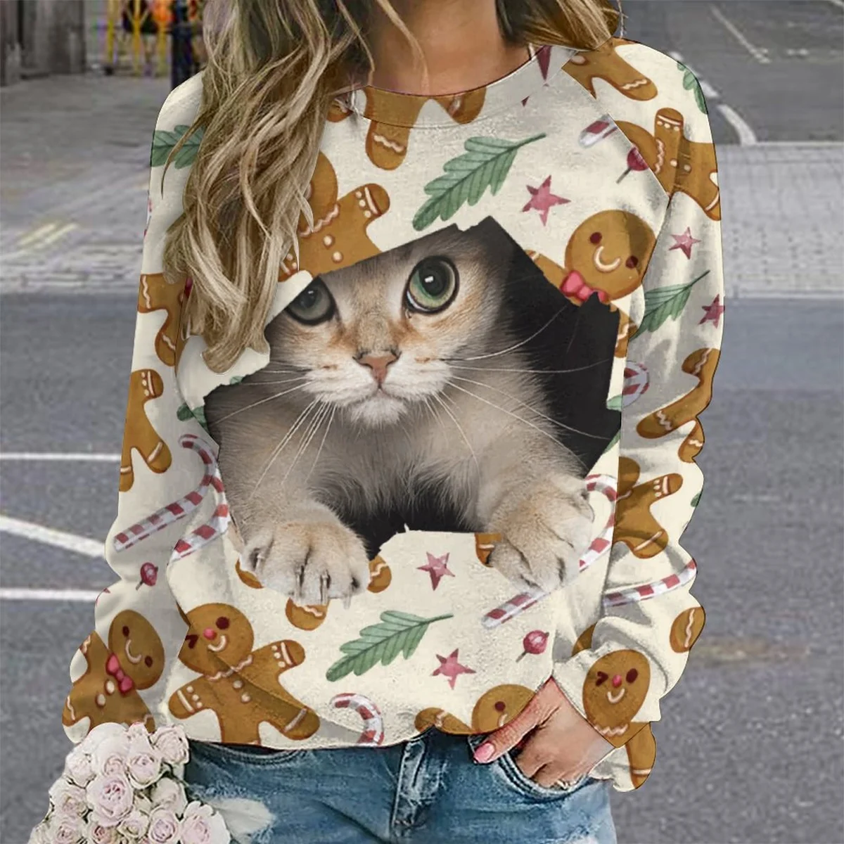 Women's Raglan Crew Neck Sweatshirt - Peeking Kitten Gingerbread Print - view 2