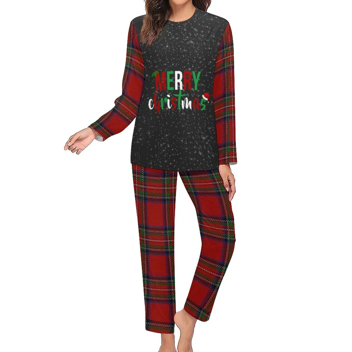 Women's Long Sleeve Tee and Jogger Pajama Set - Merry Christmas Tartan Print - view 2