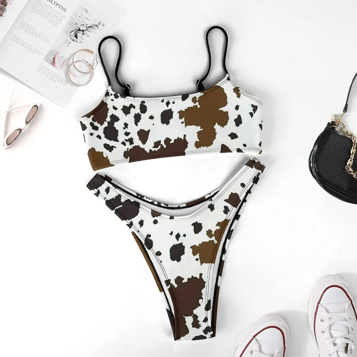 Women's Scoop-Neck Bralette Bikini Set - Cow Spots Print - view 3