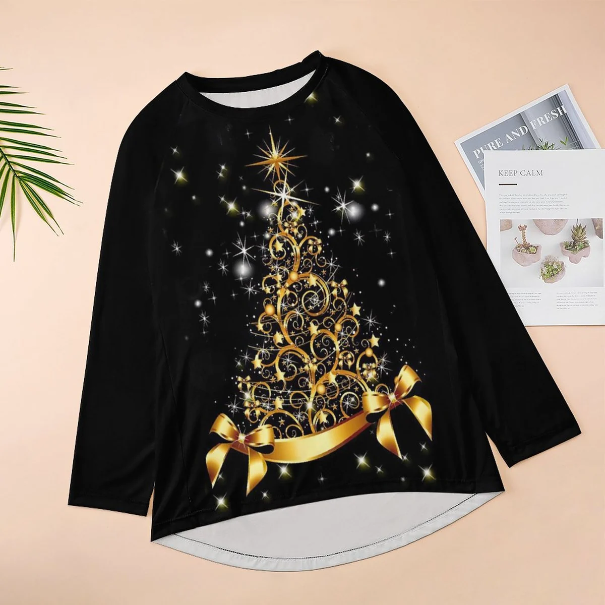 Women's Longline Crew Neck Long Sleeve Tunic Tee - Golden Christmas Tree Print - view 4