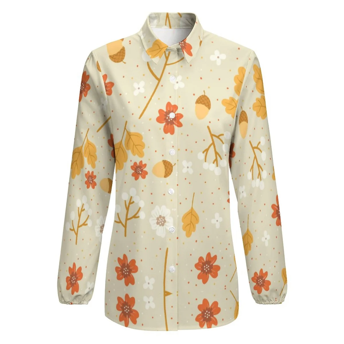 Women's Relaxed Long Sleeve Button-Down Shirt - Autumn Leaf and Acorn Graphic - view 4