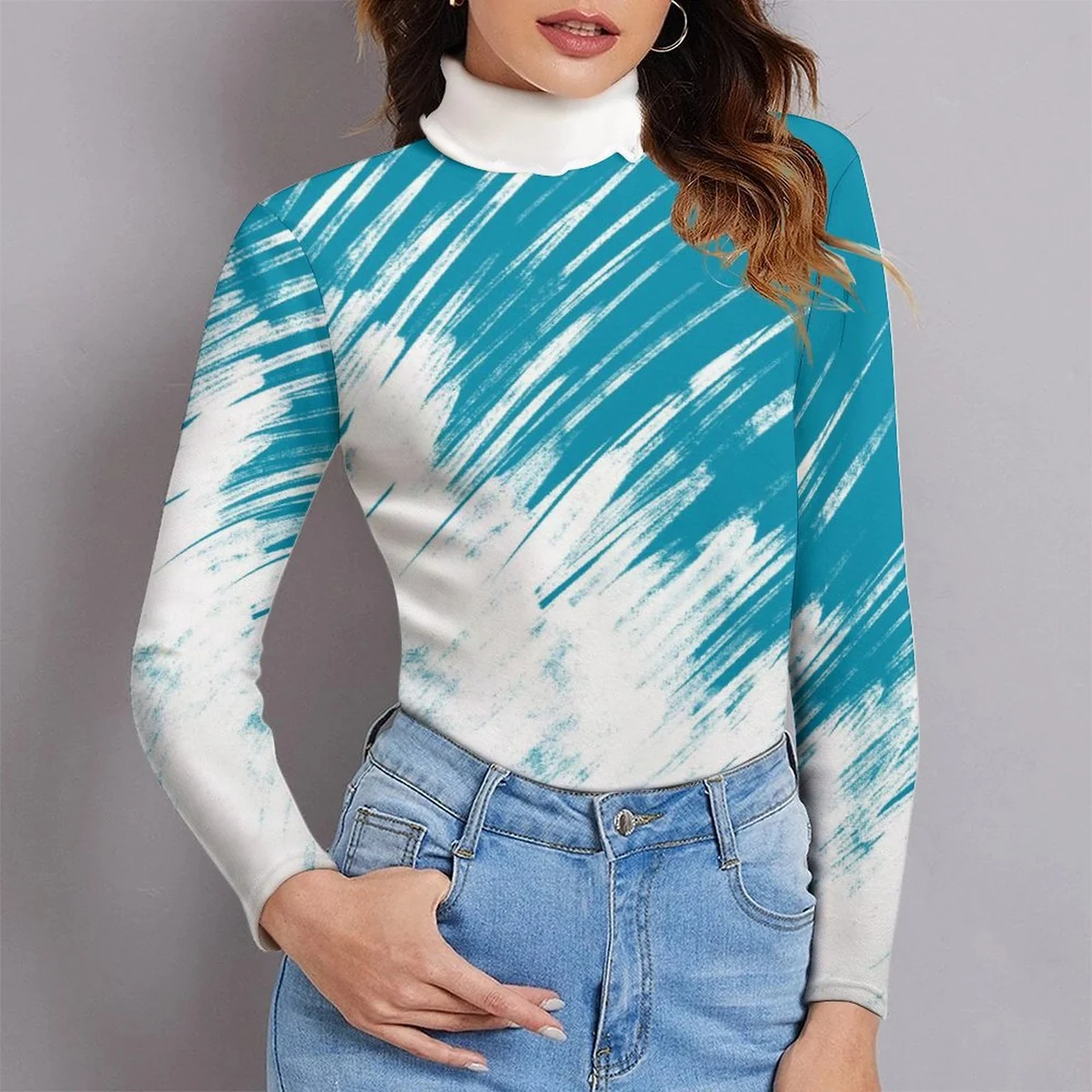 Women's Turtleneck Pullover Sweater - Teal Brushstroke Ombre Print - view 3