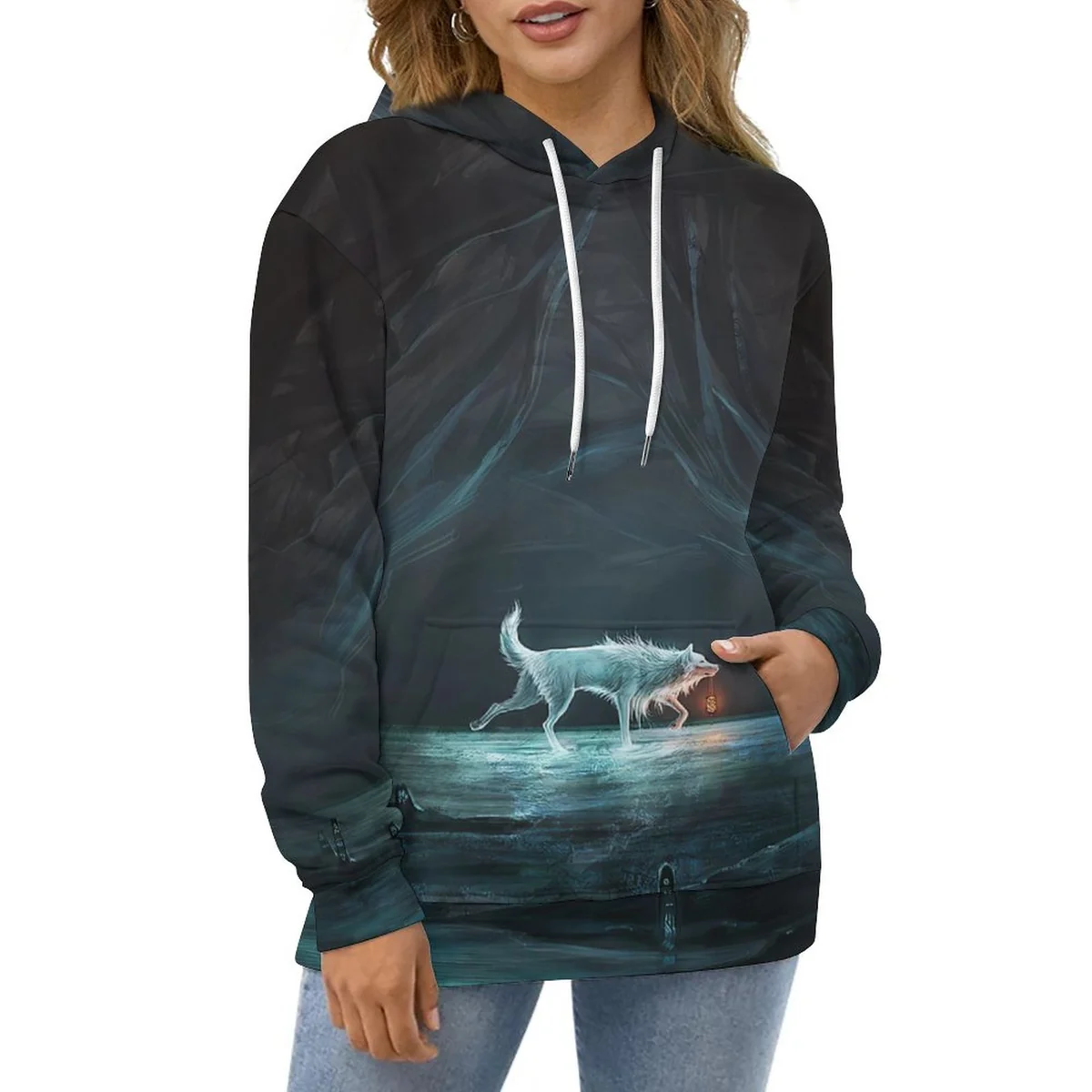 Unisex Double-Lined Hood Hoodie - Midnight Spirit Wolf Print - view 6