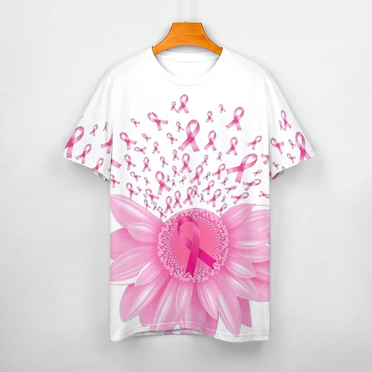 Women's Crew Neck Short Sleeve Cotton Tee - Pink Ribbon Daisy Print - view 3
