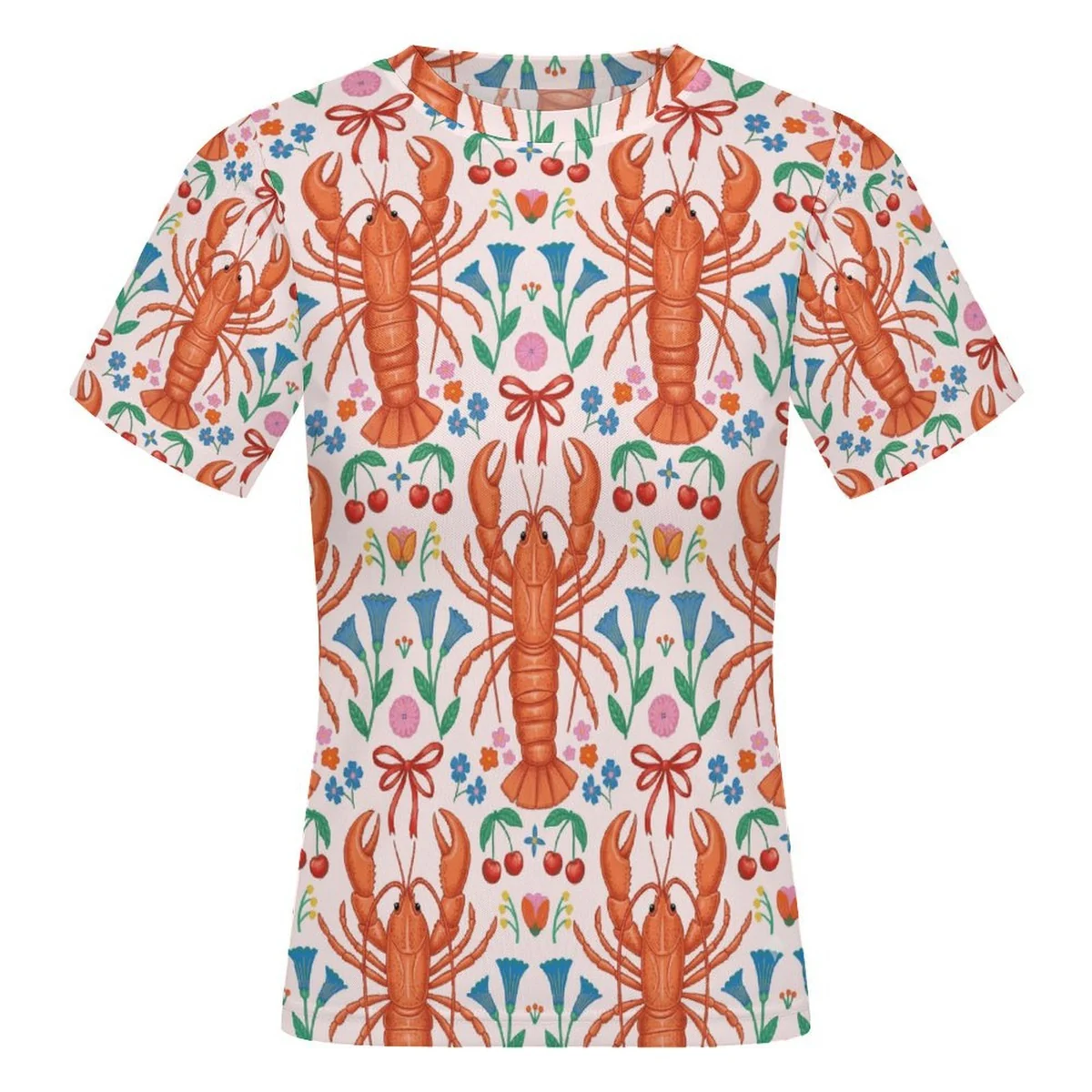 Women's Short Sleeve Mesh Crew Neck Tee - Lobster Folk Art Print - view 4