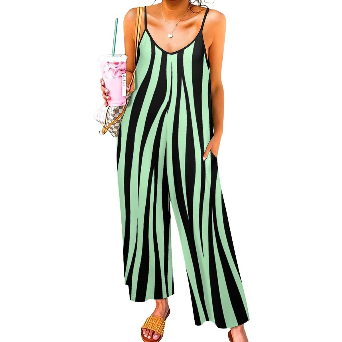 Women's Wide Leg Cami Jumpsuit - Wavy Stripe Print