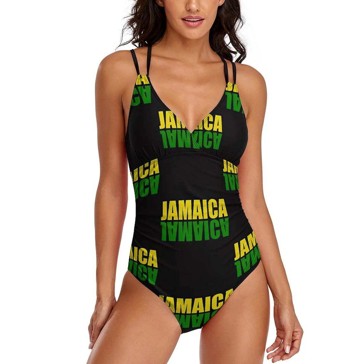 Women's V-Neck Crossback One-Piece Swimsuit - Jamaica Word Art Print