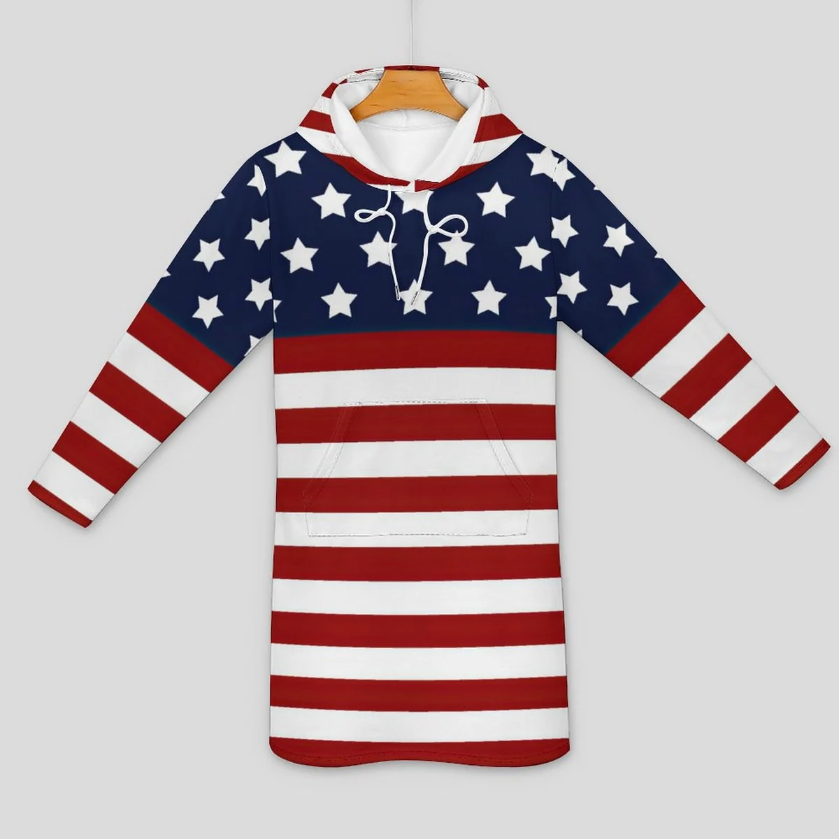 Women's Hooded Long Sleeve Sweatshirt Dress - Stars and Stripes Print - view 3