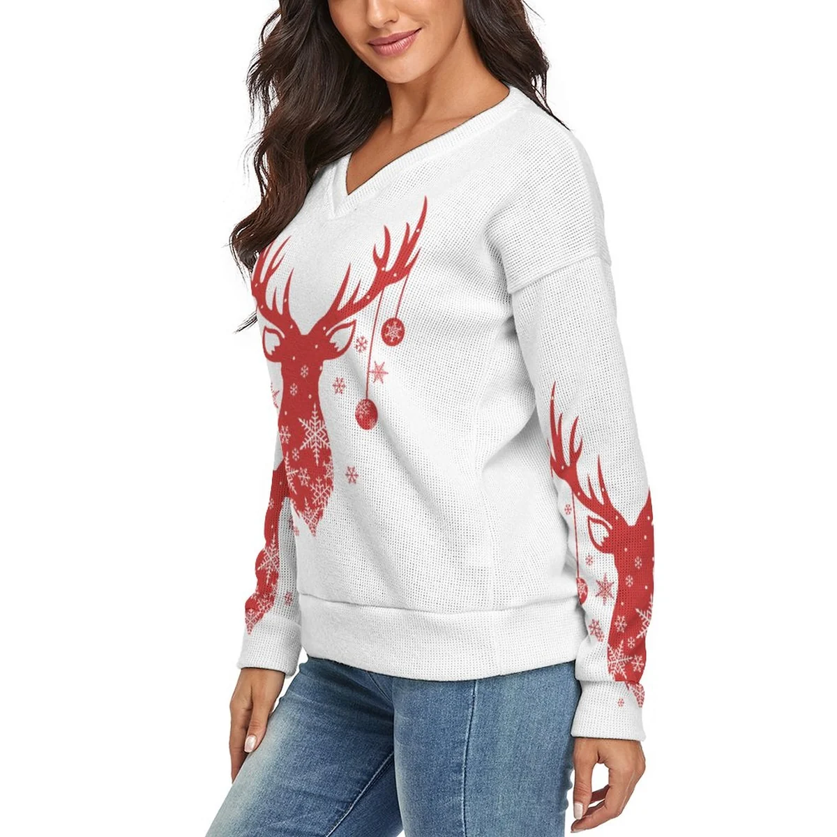 Women's V-Neck Pullover Sweater - Ornament Reindeer Print - view 2