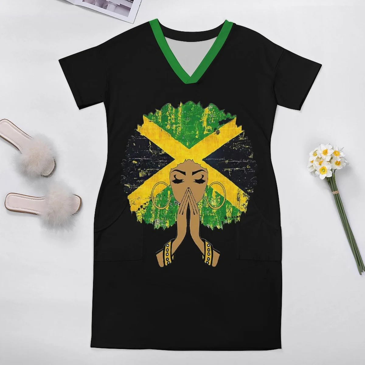 Women's V-Neck Pocket T-Shirt Dress - Jamaica Pride Silhouette Print - view 3