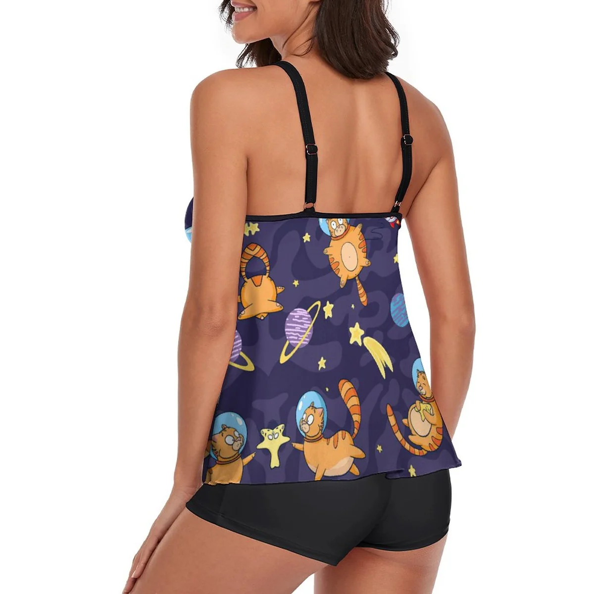 Women's Strappy Flowy Tankini Set - Space Cats Print - view 3