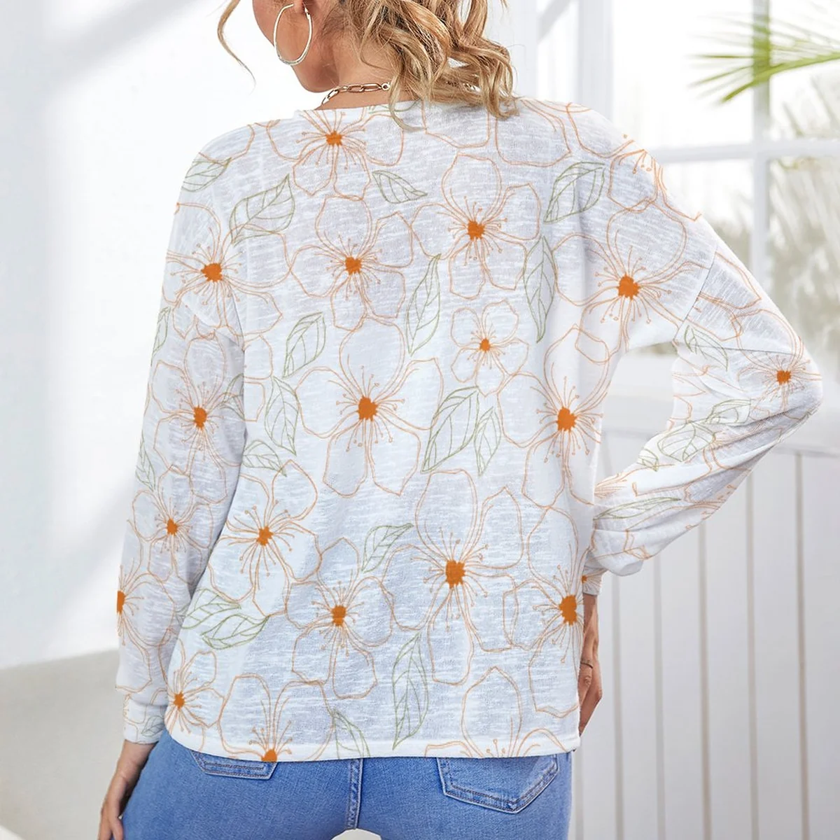 Women's Drop Shoulder Open Front Knit Cardigan - Orange Blossom Outline Print - view 3