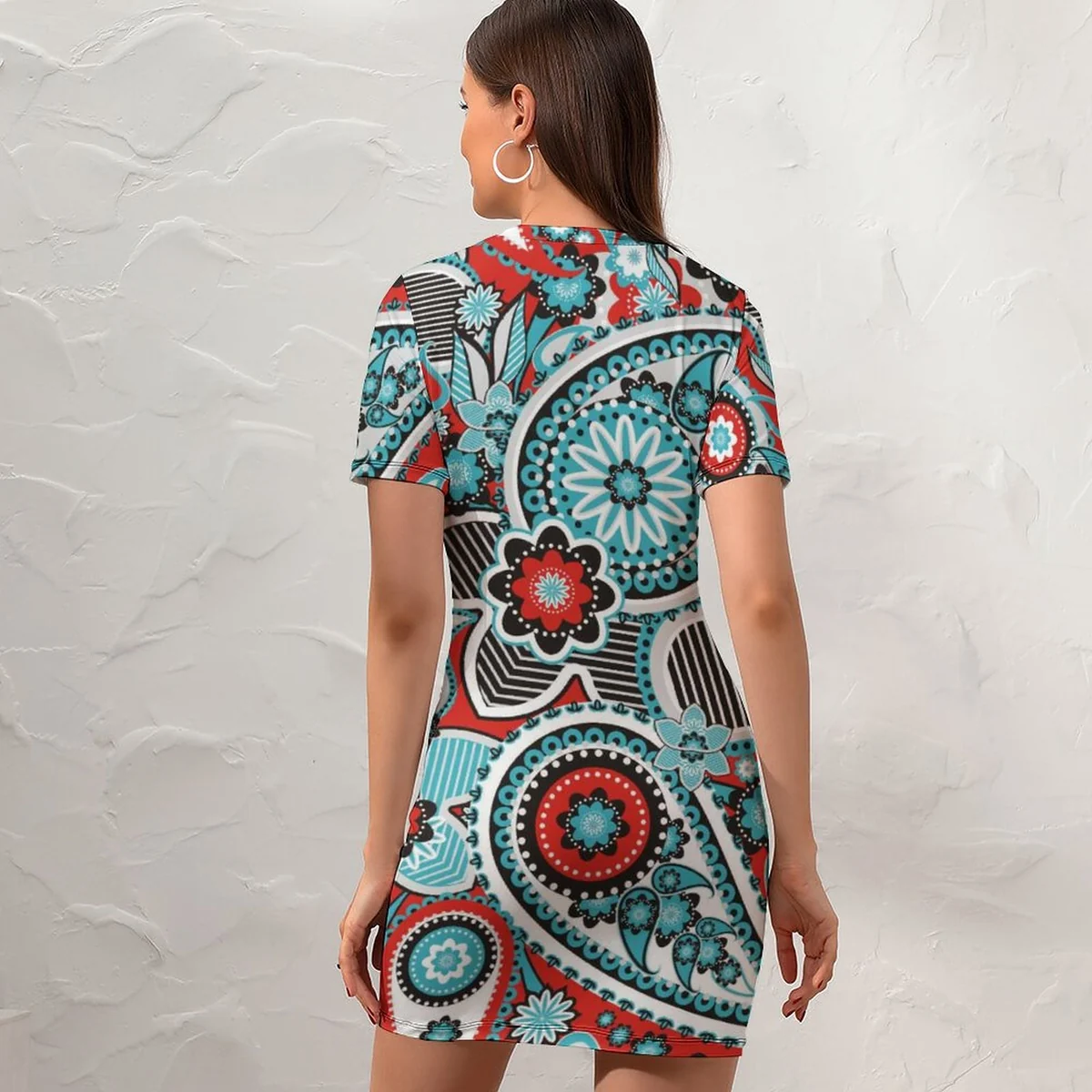 Women's Crew Neck Short Sleeve Bodycon T-Shirt Dress - Mandala Paisley Print - view 3