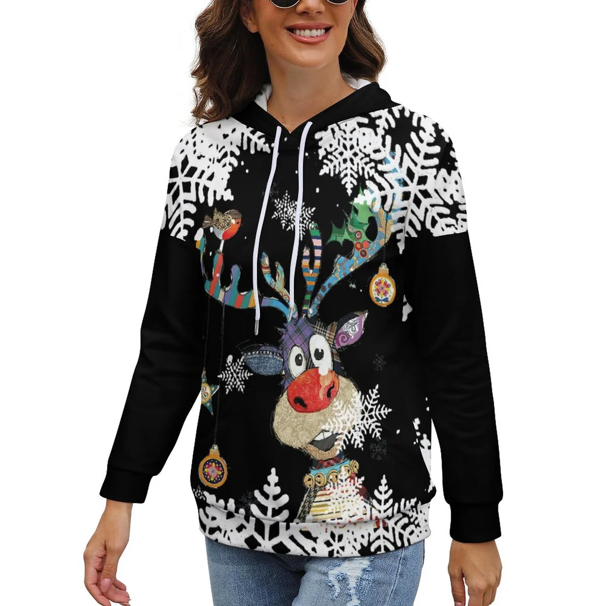 Women's Drop Shoulder Hoodie - Snowflake Reindeer Print