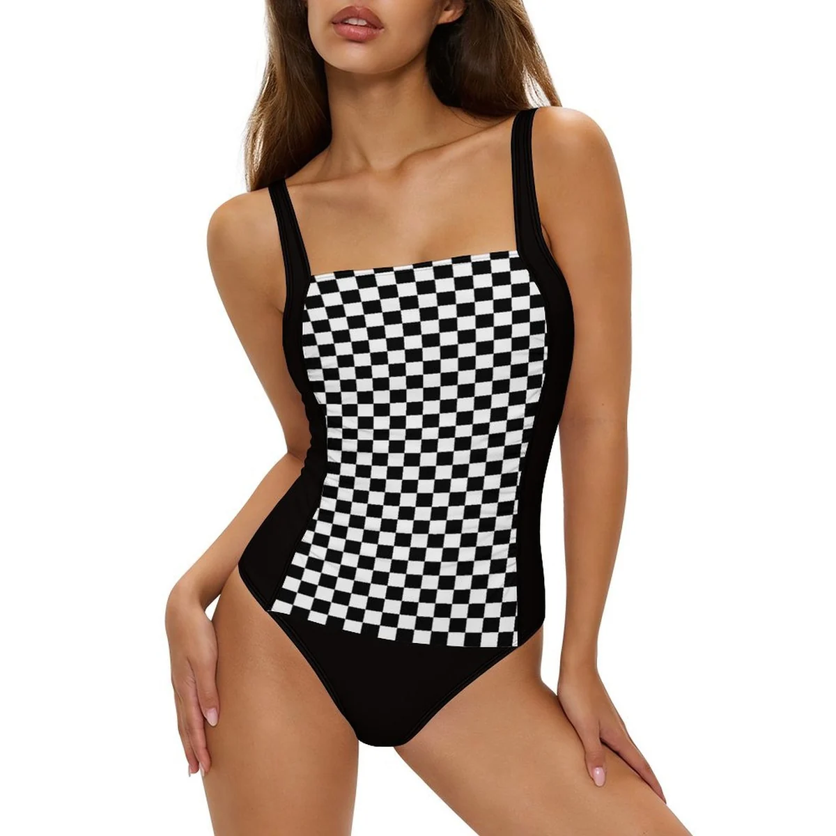 Women's Square-Neck Colorblock One-Piece Swimsuit - Checkerboard Print