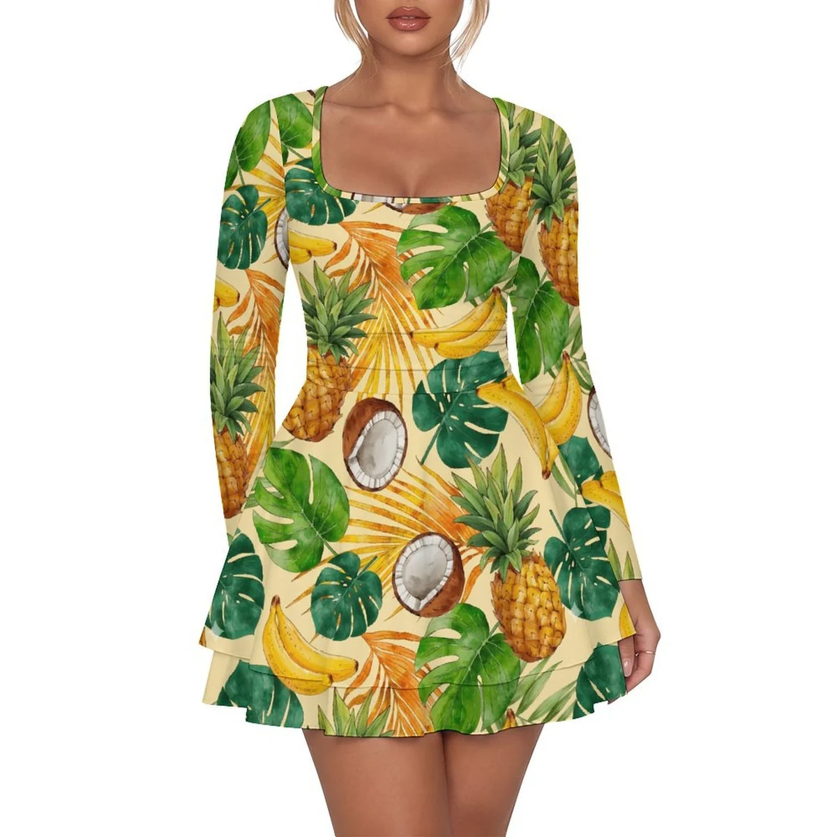 Women's Square-Neck Flare Long Sleeve Mini Dress - Tropical Fruit Leaf Print