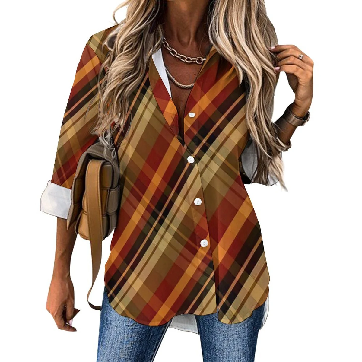 Women's Asymmetric Hem Button-Down Shirt - Autumn Plaid Print