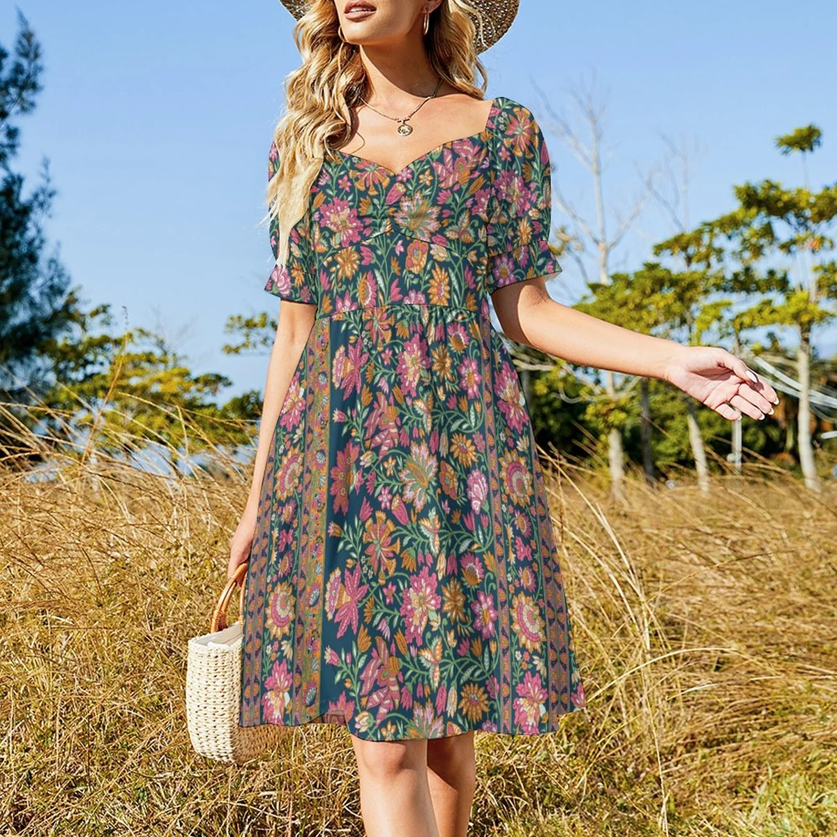 Women's Sweetheart Puff Sleeve Midi Dress - Paisley Garden Print - view 2