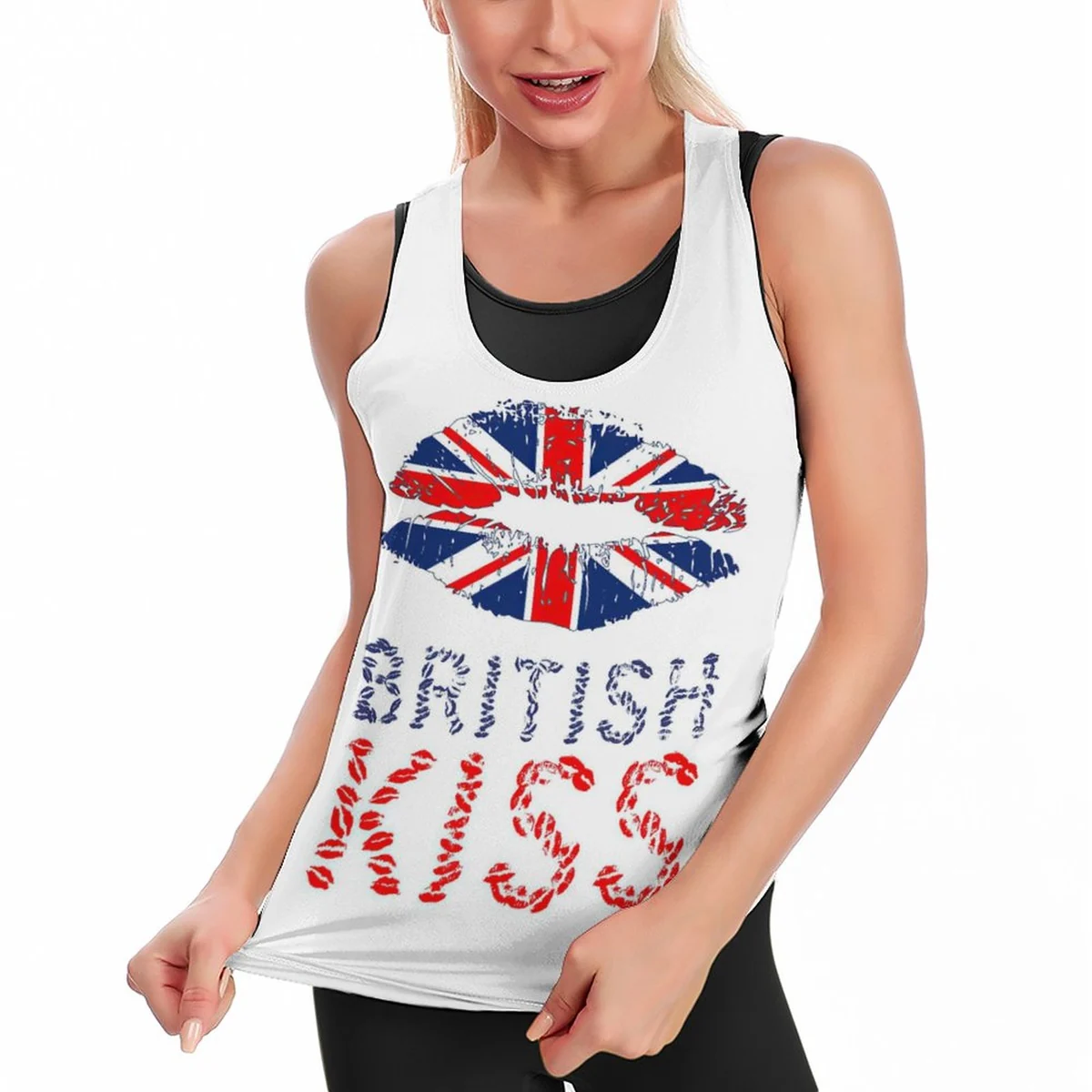 Women's Tie-Back Racerback Yoga Tank - British Kiss Lips Print