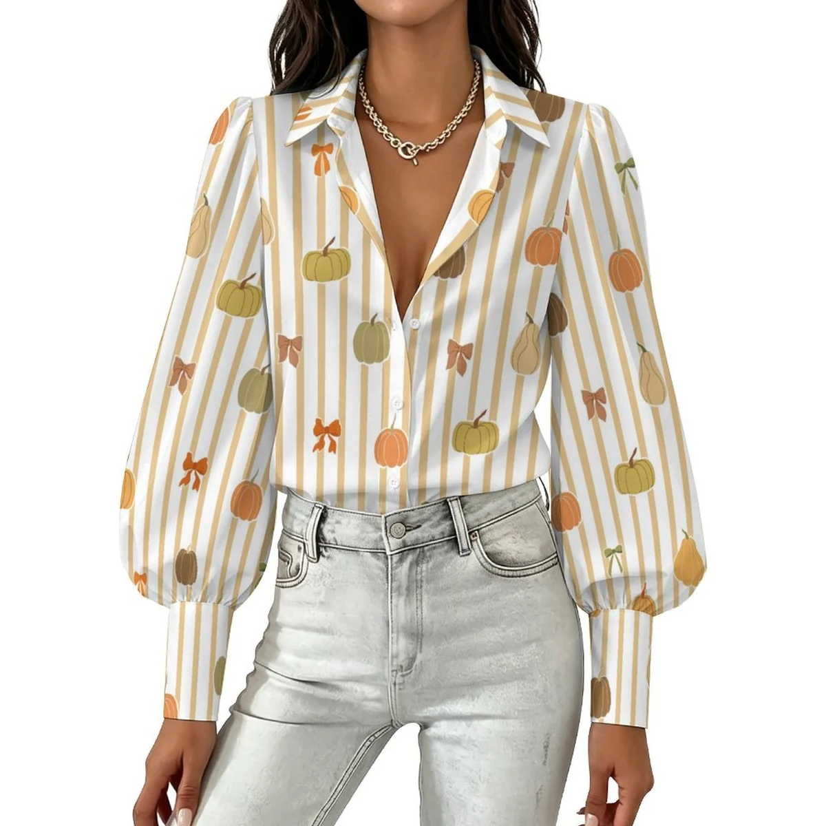 Women's Lantern Sleeve Button-Down Shirt - Pumpkin Stripe Print