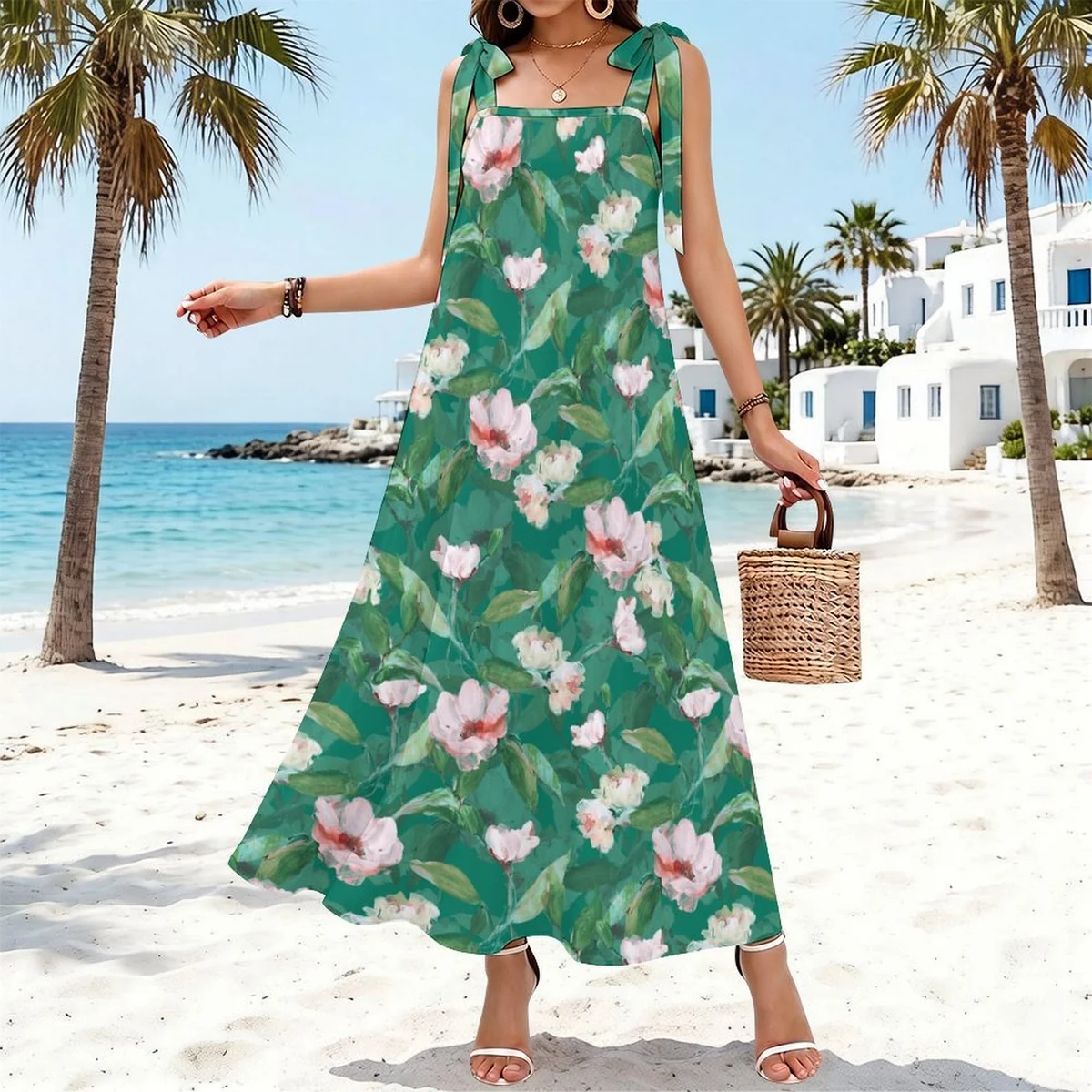 Women's Tie-Shoulder Maxi Dress - Magnolia Leaf Print - view 4