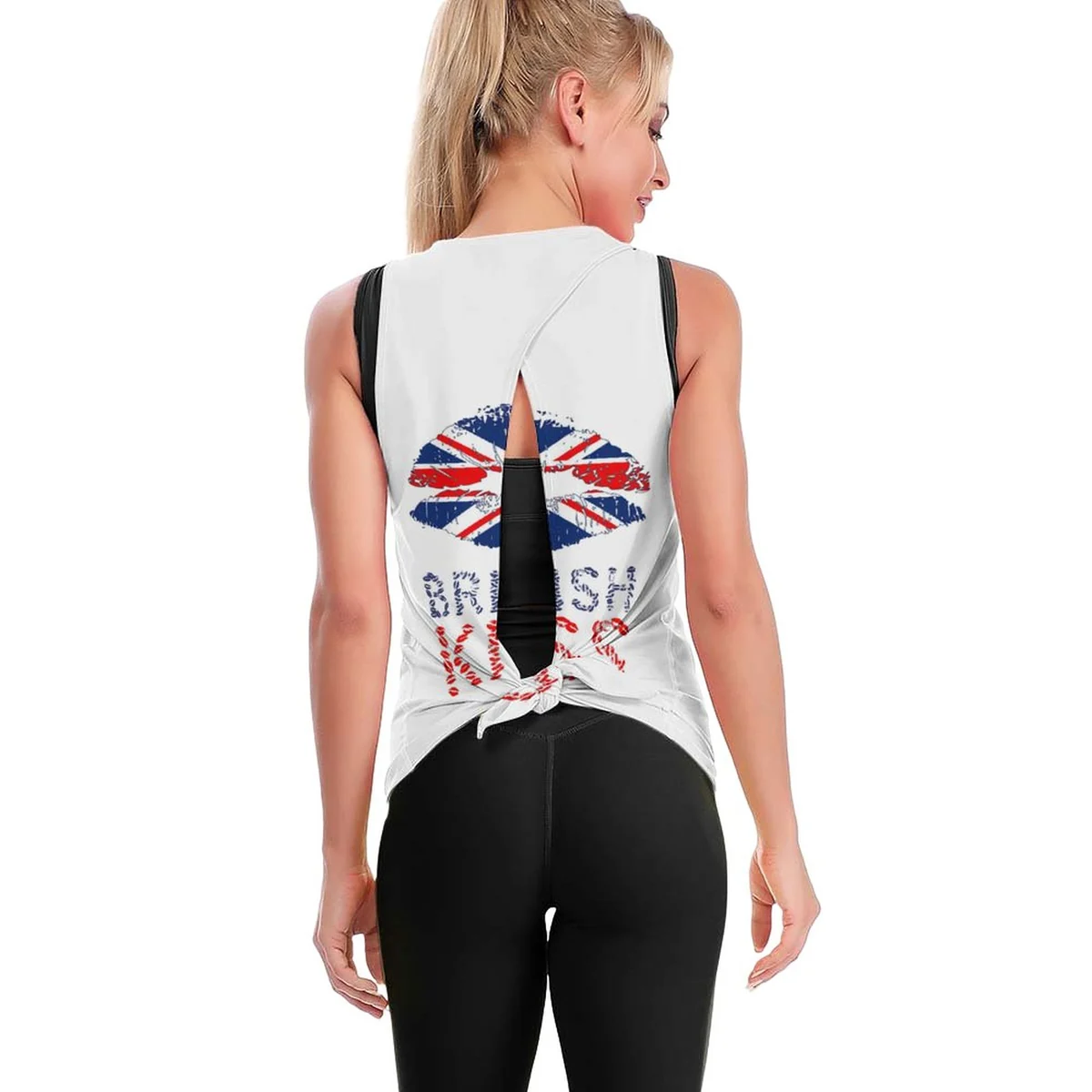 Women's Tie-Back Racerback Yoga Tank - British Kiss Lips Print - view 3