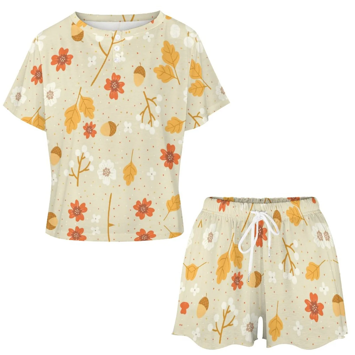 Women's Short Sleeve Tee and Shorts Pajama Set - Autumn Leaf and Acorn Graphic - view 3