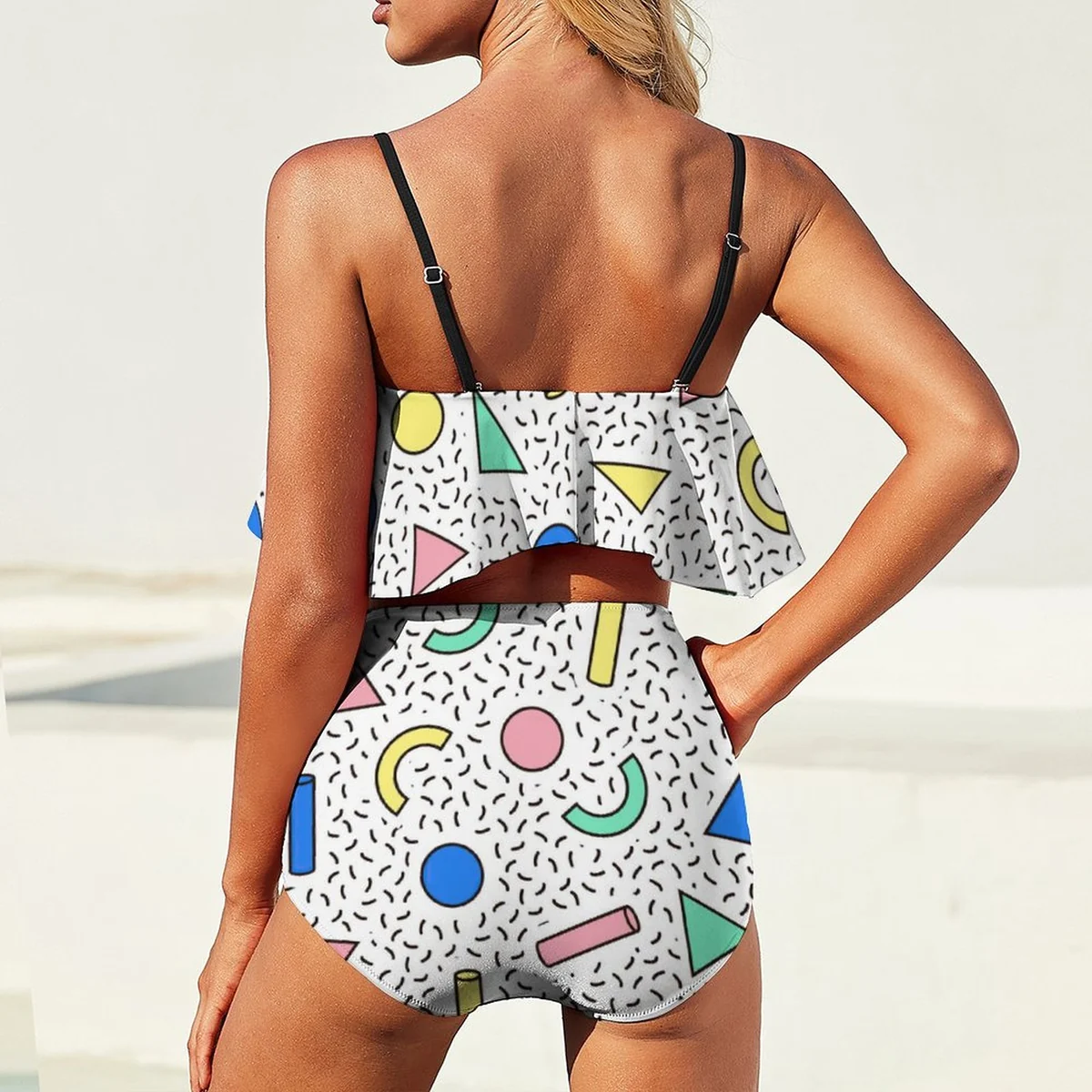 Women's Flounce High-Waist Bikini Set - 90s Memphis Shapes Print - view 7