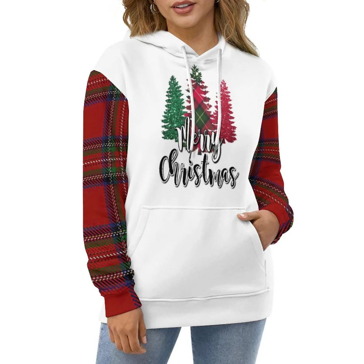 Unisex Double-Lined Hood Hoodie - Merry Christmas Tree Plaid Graphic - view 5