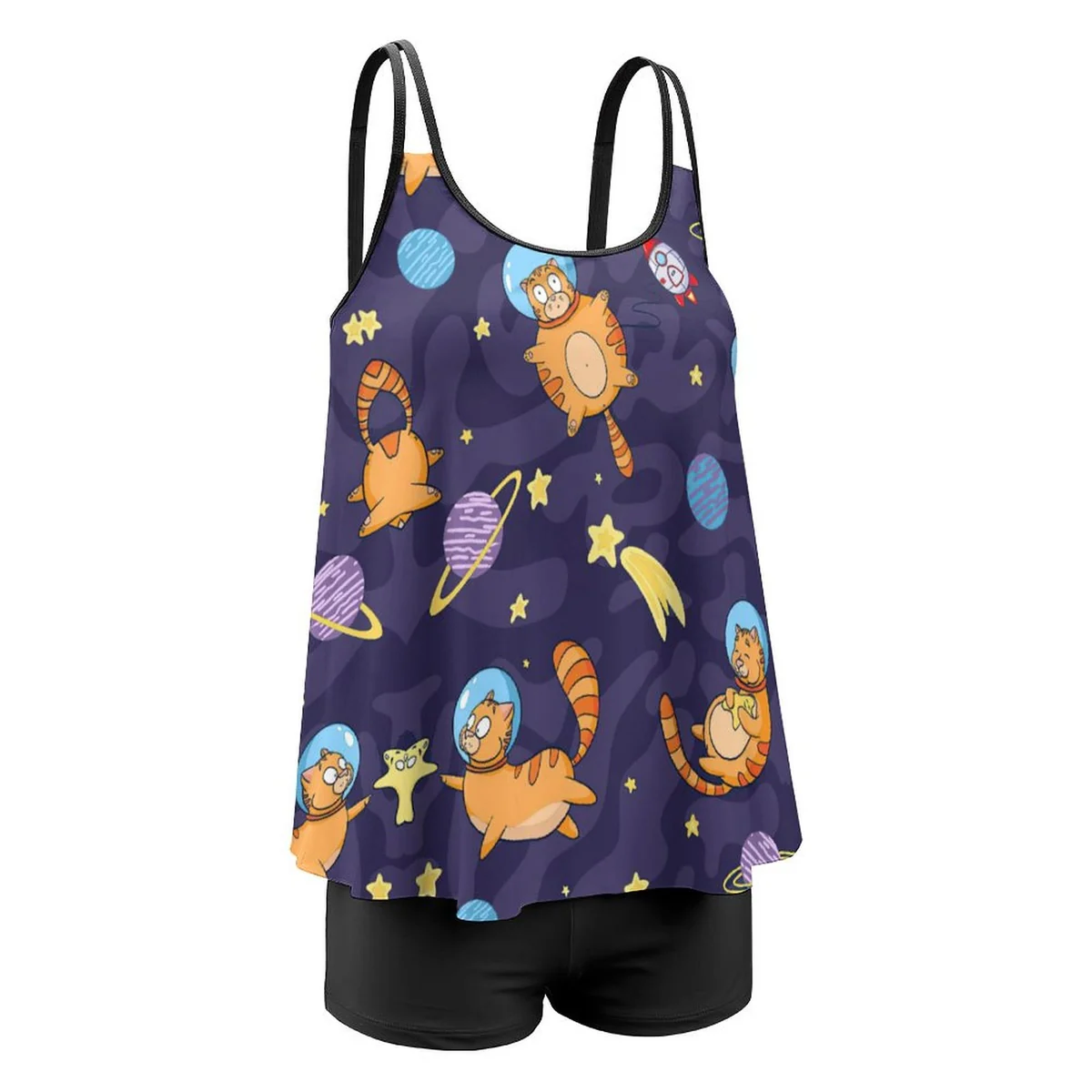 Women's Strappy Flowy Tankini Set - Space Cats Print - view 8