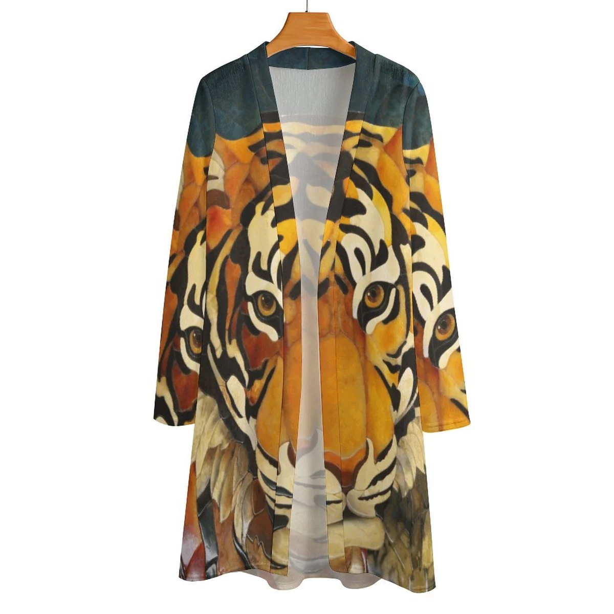 Women's Longline Open Front Cardigan - Painted Tiger Face Print - view 5