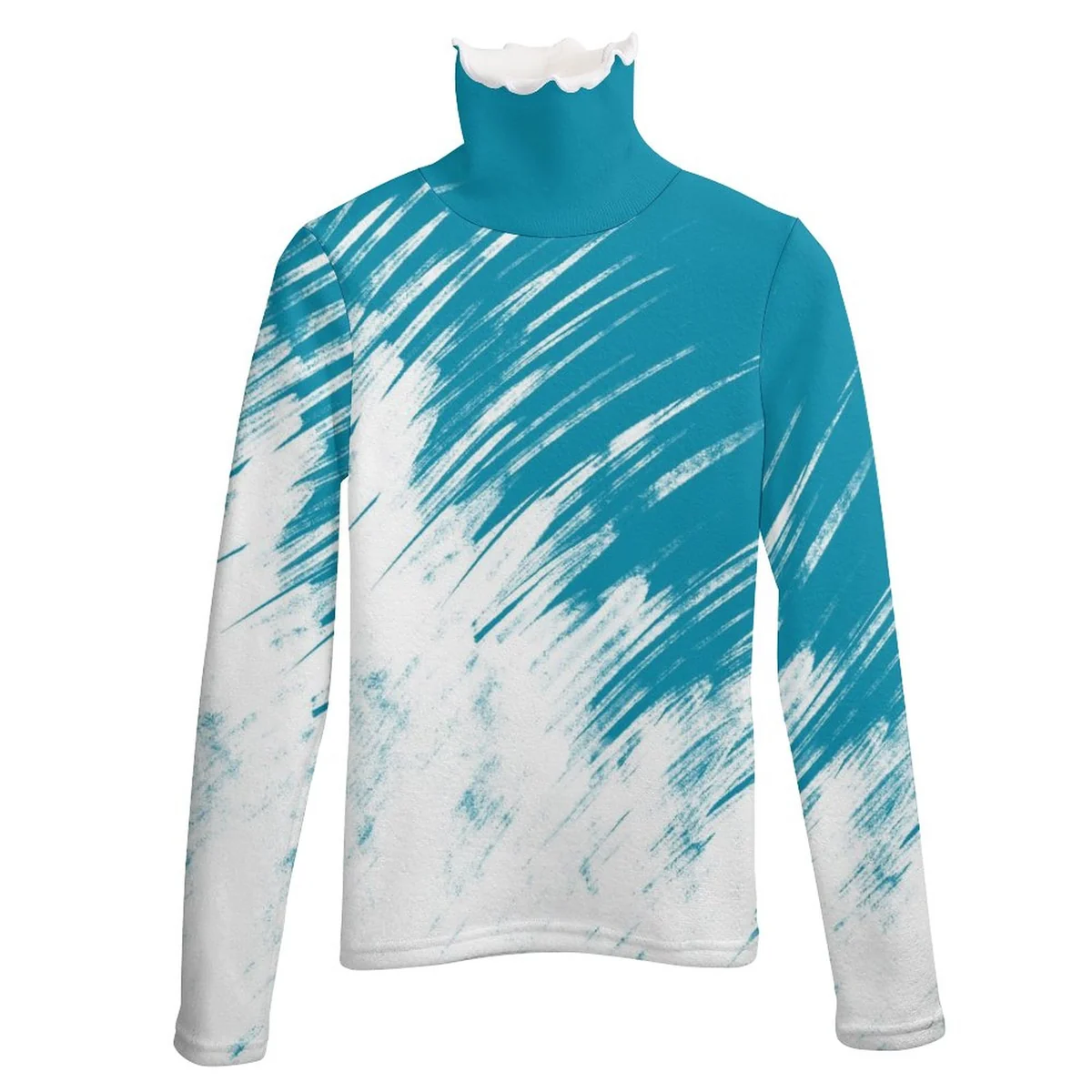Women's Turtleneck Pullover Sweater - Teal Brushstroke Ombre Print - view 5