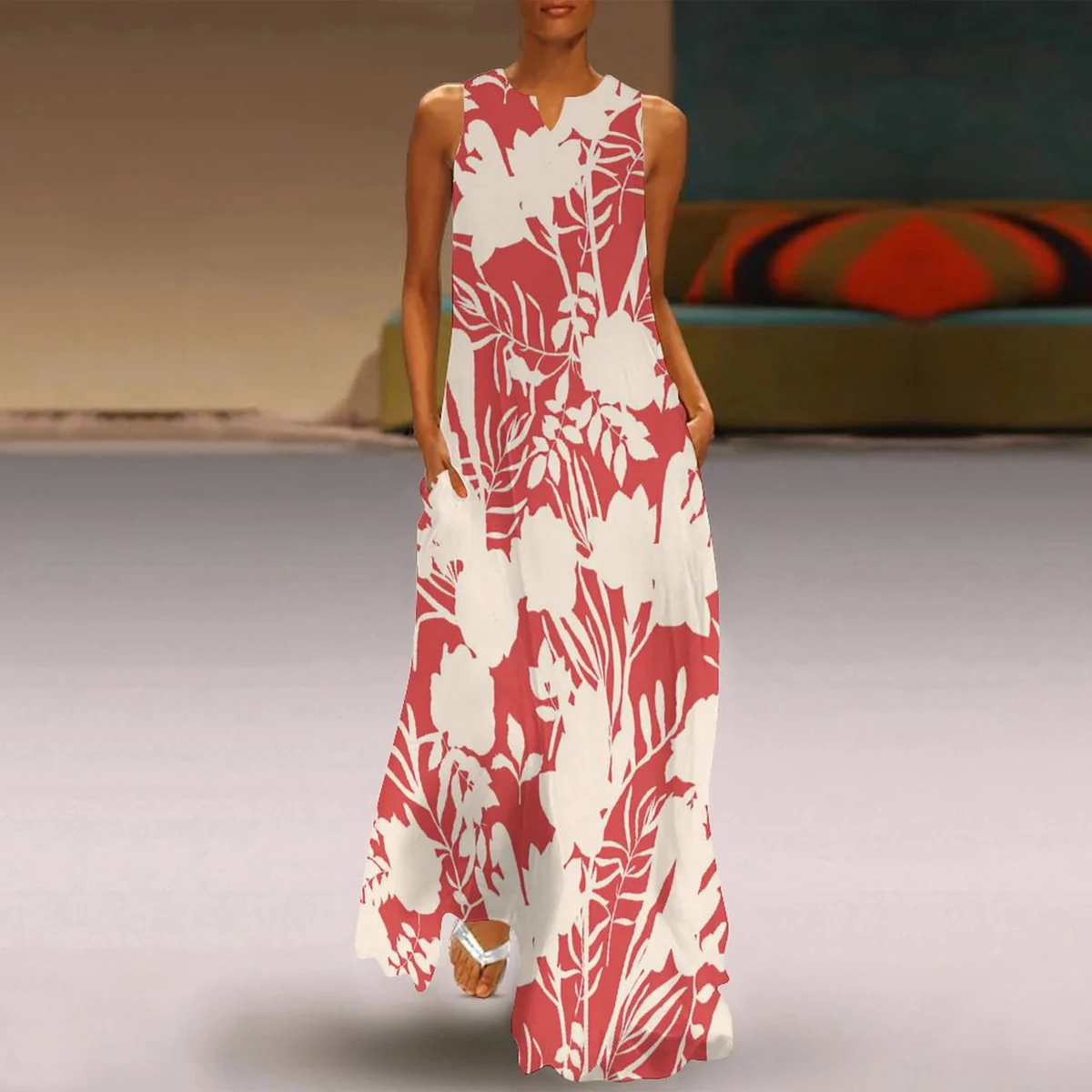 Women's Sleeveless Scoop-Neck Maxi Dress - Coral Botanical Silhouette Print - view 2
