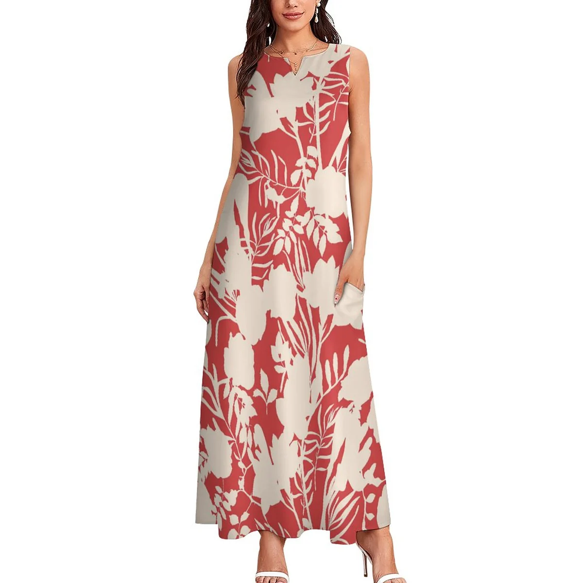 Women's Sleeveless Scoop-Neck Maxi Dress - Coral Botanical Silhouette Print - view 3