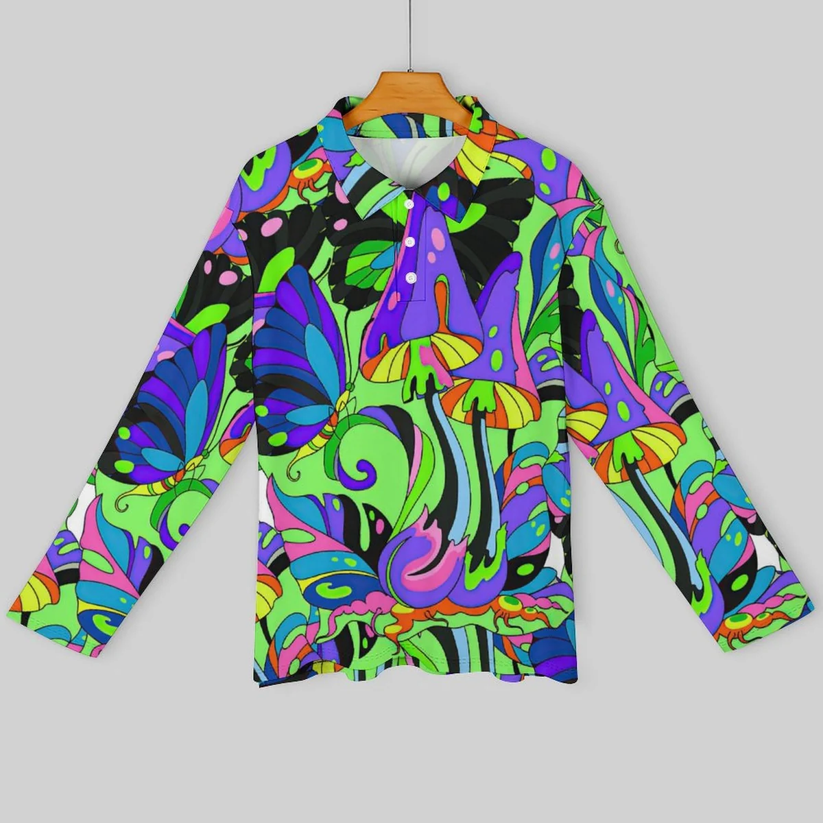 Men's Long Sleeve Polo Shirt - Psychedelic Mushroom Print - view 3