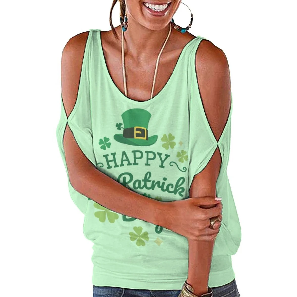 Women's Cold Shoulder Tie-Back Tee - Happy St. Patrick's Day Graphic