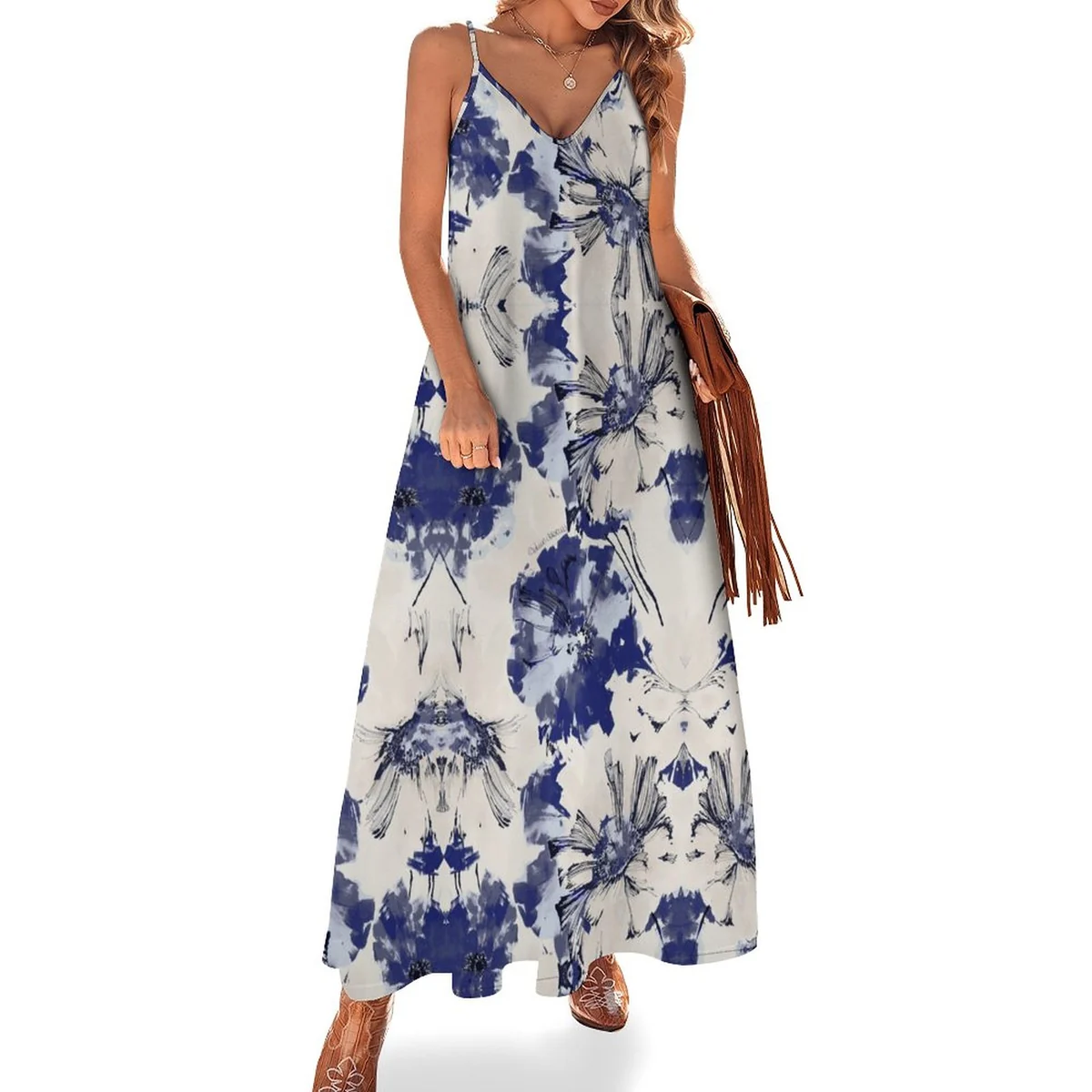 Women's Surplice Cami Maxi Dress - Blue Ink Botanical Print