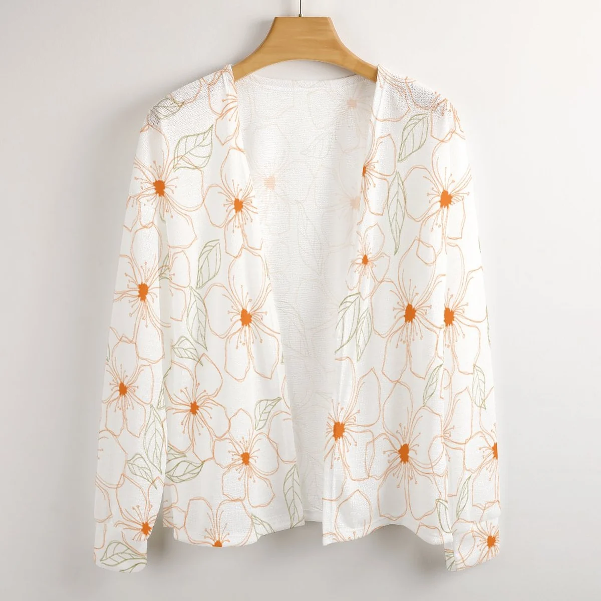 Women's Drop Shoulder Open Front Knit Cardigan - Orange Blossom Outline Print - view 4