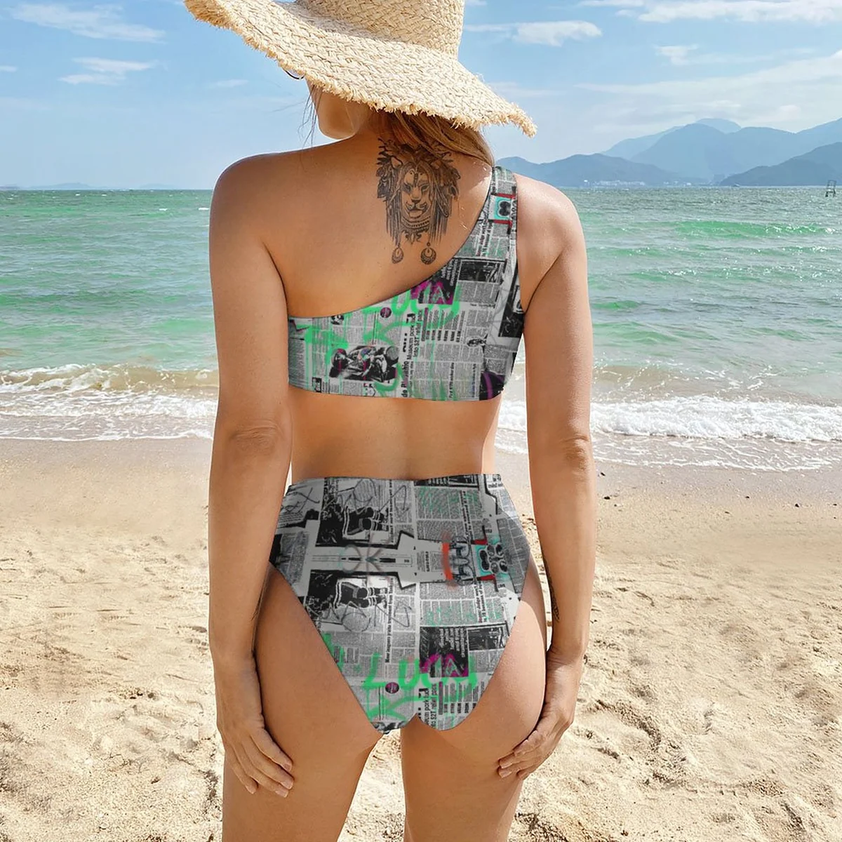Women's One-Shoulder Bikini Set - Newsprint Collage Print - view 7