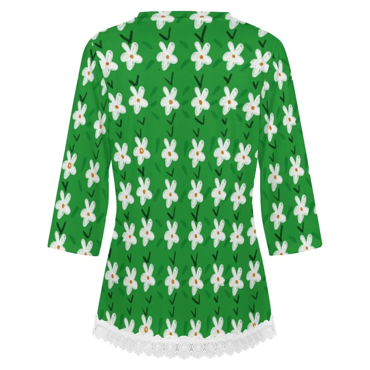 Women's Lace Hem V-Neck Three-Quarter Sleeve Top - White Blossom on Green Graphic - view 5