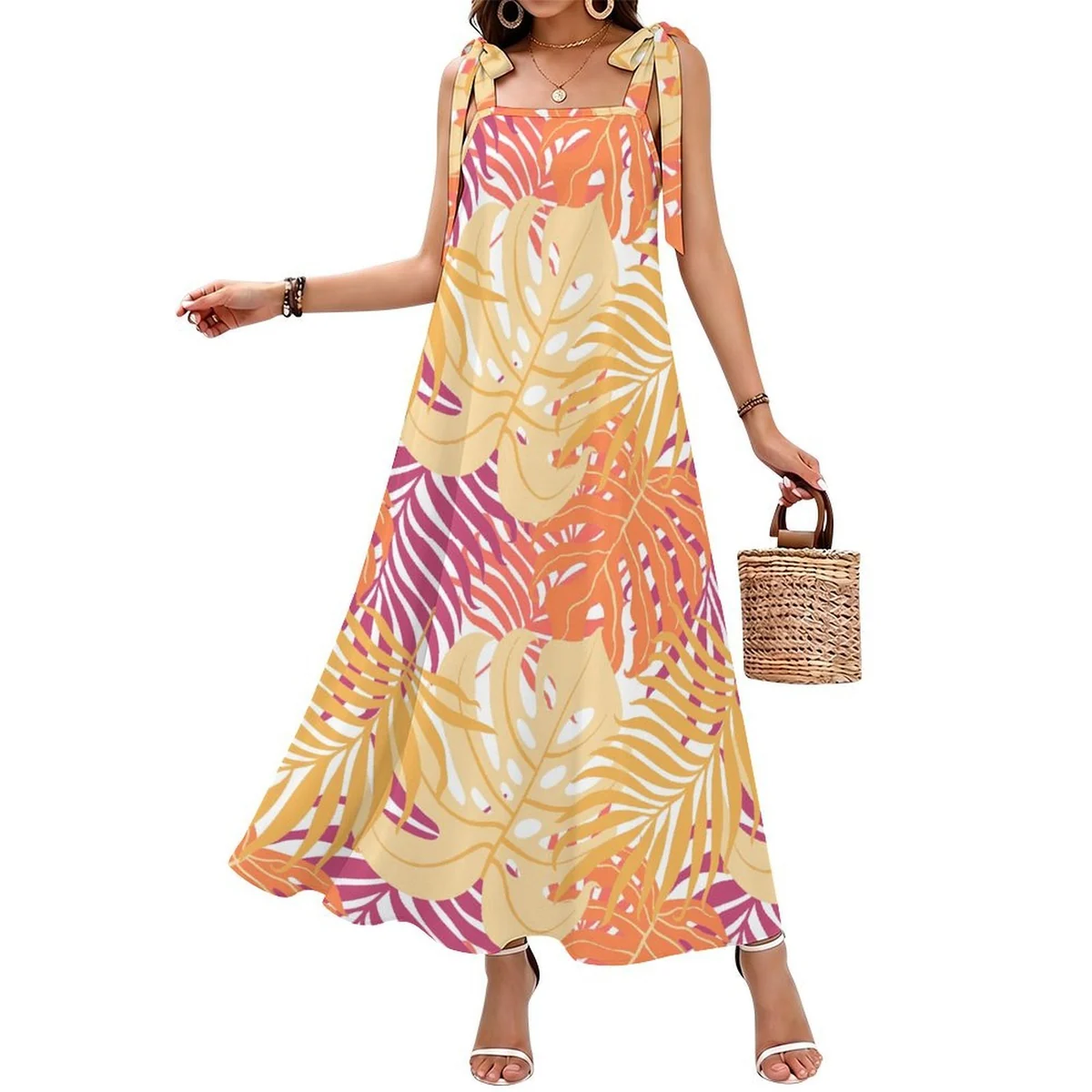 Women's Tie-Shoulder Maxi Dress - Sunset Palm Leaf Print - view 3